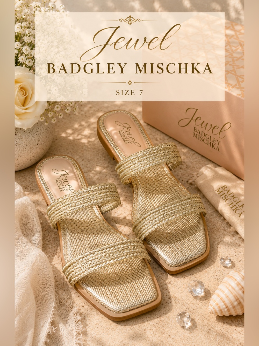 Badgley Mischka Jewel Helena Metallic Gold Raffia Slide Sandals Size 7